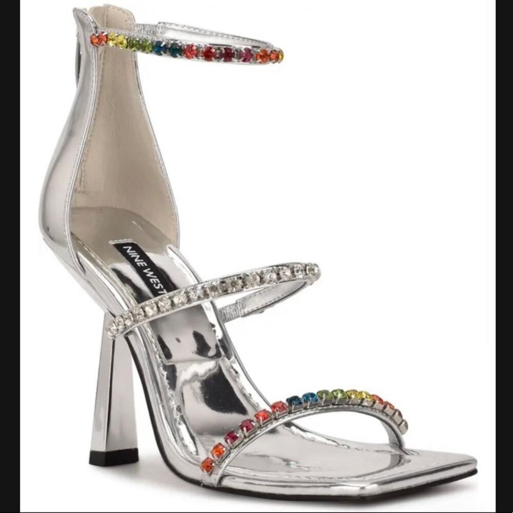Nine West Vavoom High Heel Sandal Sz 7.5 Silver/Crystals Straps Zip Closure New